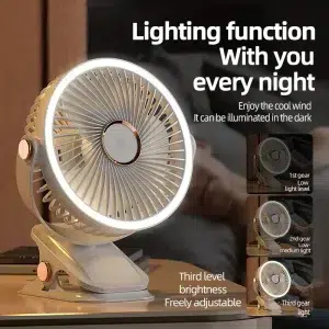USB Rechargeable Clip-on Desk Fan - 360° Rotation, Adjustable with LED Light, Ideal for Camping & Dorms