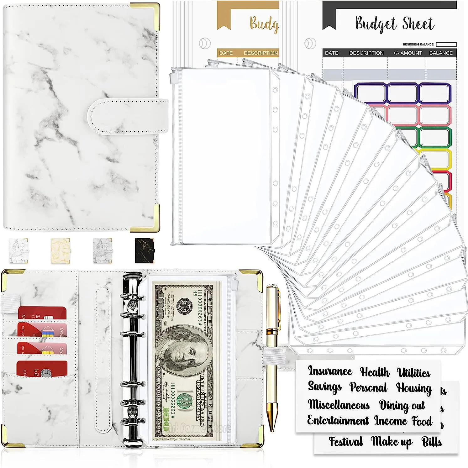 Marble White PU Leather A6 Budget Planner