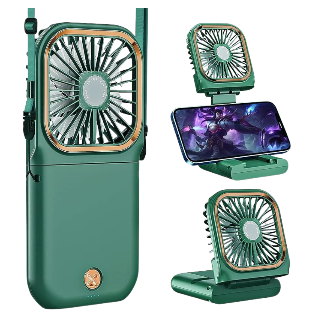 Ultimate Breeze: 3-in-1 Portable Neck Fan with Power Bank and Phone Holder