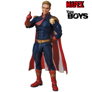 Close-up of genuine MAFEX Homelander detailed suit exclusively at Rockatship.