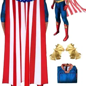 Homelander's iconic blue and red superhero costume, complete with cloak and boots, available at Rockatship.