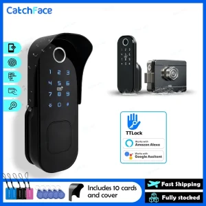Catchface R5 Pro Smart Door Lock - Keyless Entry with Fingerprint, App, Remote, Card, and Code Access - Waterproof and Durable for Outdoor & Garden Use