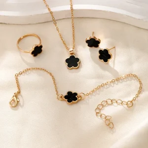 NEULRY Elegant Four-Piece Clover Jewelry Set for Women - Includes Necklace, Earrings, Ring, and Bracelet - Perfect for Parties and Fashionable Occasions